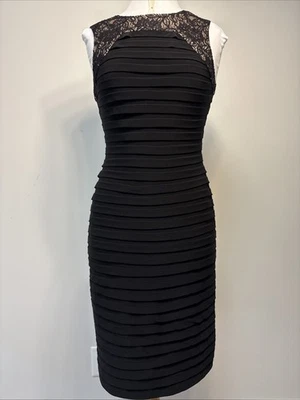Adrienne Papell  Black Sleeveless Sheath Dress Tiered Pleats Lace  Neck 6 - Image 1 of 4