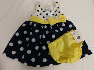 BONNIE BABY Girl Polka Dot Navy Yellow White Dress Size 12 Month