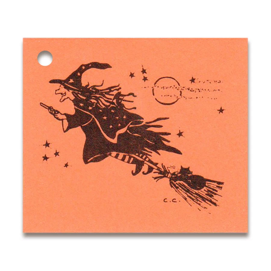 KIMMERIC STUDIO 50 HALLOWEEN WITCH & KITTY PRICE HANG TAGS BROOM CRAFT 1-3/4"x2-1/8" ~Tie On~