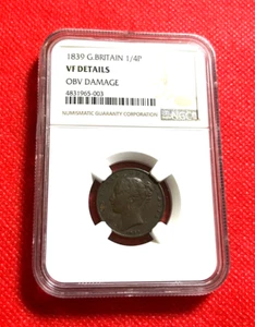 1839 GREAT BRITAIN 1/4 P NGC VF DETAILS OBV DAMAGE - Picture 1 of 2