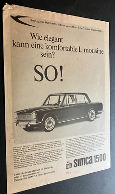 1964 Simca 1500 - Vintage Original 2-Page Car Dealer Sales Brochure - GERMAN * - Image 1 of 3