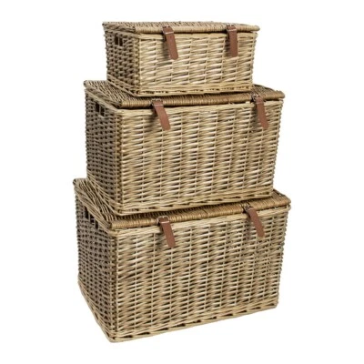 JVL Handmade Buff Wicker Gift Picnic Storage Hampers with Faux Leather Straps - Image 1 of 4