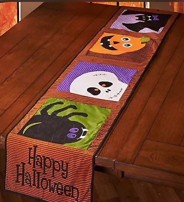 Halloween Patchwork Kitchen Dining Room Table Runner Spider Pumpkin Bat Skull - Image 1 of 4