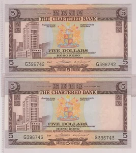 1970-1975 Hong Kong Chartered Bank $5 consecutive 2 banknote ,circulated - Picture 1 of 2
