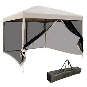 Outdoor Gazebo Canopy 9.7' x 9.7' Pop Up Party Tent Mesh Net Patio Tan - Picture 1 of 11