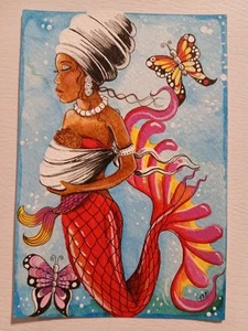 Mermaid Baby #3 afroamericano originale divertente dipinto acrilico acquerello inchiostro 4" - Foto 1 di 4