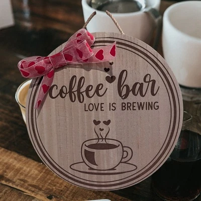Round "Coffee Bar, Love is Brewing" Sign with Heart Bow – Rustic Handmade - Image 1 of 3