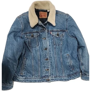 Levi's Original Sherpa Lined Trucker Blue Denim Jean Jacket Women's Size 2X - Picture 1 of 12