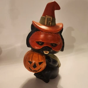 Vintage Halloween Figure 9 1/2" Cat Witch Pumpkin Ceramic Hand Painted Signed - Picture 1 of 10