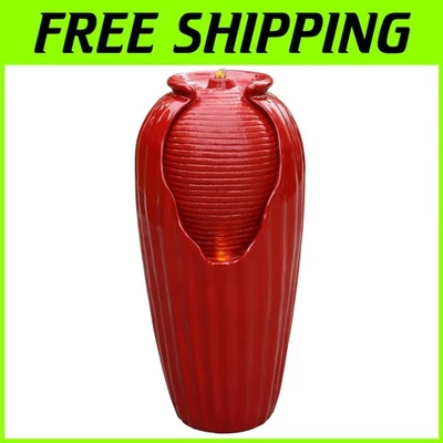 Jarrón Esmaltado Rojo Fuente de Agua con Luces LED, 32" Foto 1 de 4