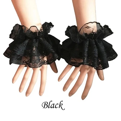 Women Gothic Lace Ruffles Wrist Cuffs Fingerless Gloves Bride Wedding Gloves - Image 1 of 4