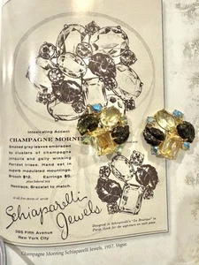 1957 Schiaparelli Champagne Morning Jonquil Leaf Clip Earrings BOOK & AD PIECE - Picture 1 of 12