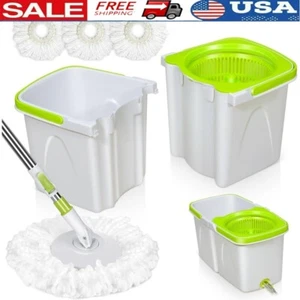 Spin Mop Bucket Set W/ Wringer Adjustable Stainless Handle Microfiber Heads New - Picture 1 of 8