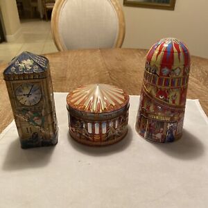 3 Vintage Churchill tins Disney Peter Pan bank, Dream Slide, and Carousel toy