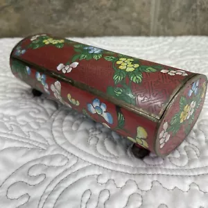 Antica scatola portagioie cinese rossa cloisonne oblunga ovale con cerniera - Foto 1 di 17