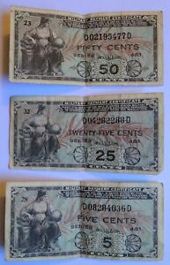 United States Military Payment Cerificates (5c 25c & 50c) paper money circa 1950