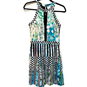Parker Selita Black Blue Green & White Geometric Print Dress size M - Picture 1 of 11