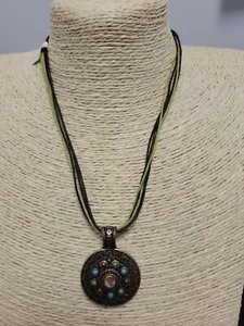 Lia Sophia Green Brown Multi-Strand Copper Tone Rhinestone Pendant Necklace - Picture 1 of 7