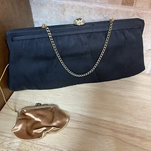 Vintage 60s After Five Black Satin Evening Bag Clutch Attached Coin Purse Glam - Picture 1 of 24