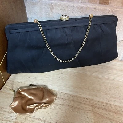 Vintage 60s After Five Black Satin Evening Bag Clutch Attached Coin Purse Glam - Image 1 of 4