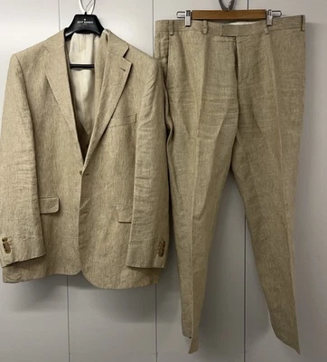 Moss 1861 3 Piece Suit Beige Mens 42R Jacket & Waistcoat 36S Trousers 100% Linen - Image 1 of 4