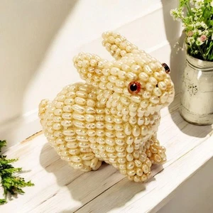 Vintage Hase Kaninchen Figur Figur weiß Süßwasser Samen Reisperlen Glasaugen 3" - Bild 1 von 19