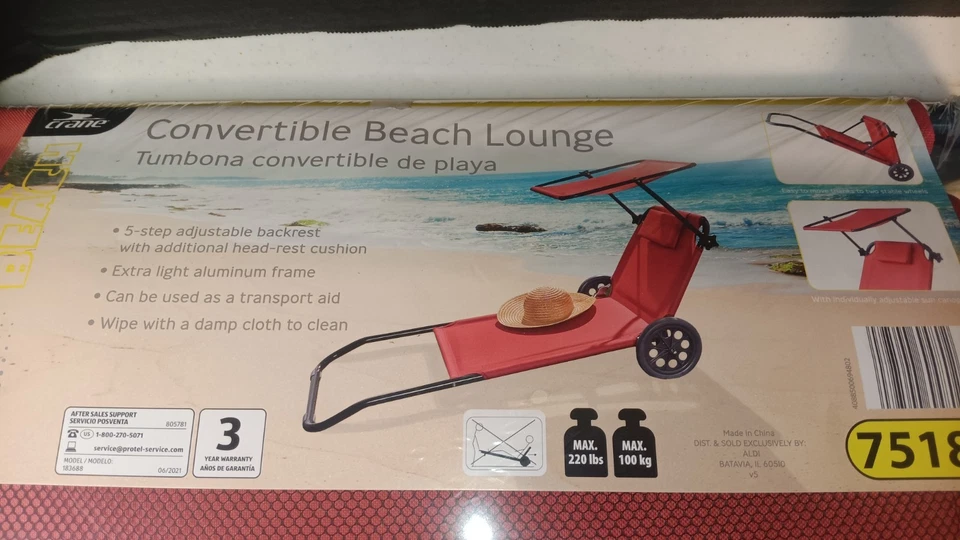 Beach Lounge Chair Convertible Wagon w/Canopy by Crane ()