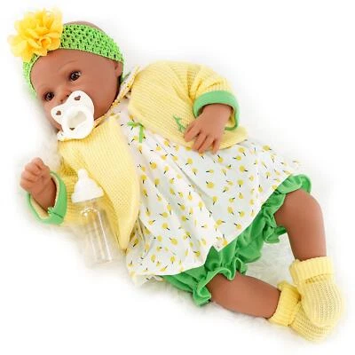 Black Baby Doll Ethnic Reborn Girl 20" w/ Yellow Outfit & Accessories BiBi Doll - Image 1 of 4