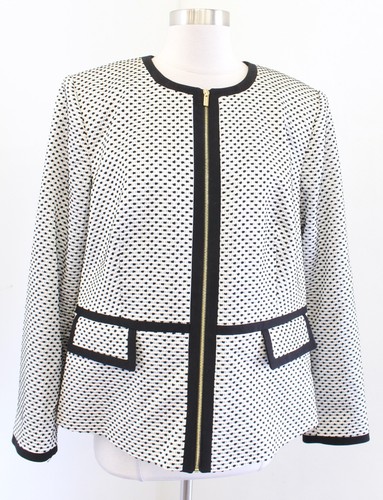 OFF WHITE Blazer Calvin Klein Nero Avorio Bianco Tweed Cerniera Anteriore Senza Collare 16 W