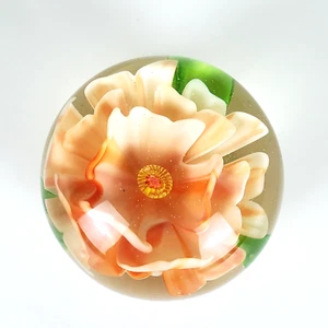 2.5in Art Glass Paperweight Lampwork Pink slight orange Flower green leaves - Picture 1 of 5
