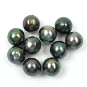Lot of 10 9-9.5mm Undrilled Round Loose Cultured Tahitian Green / Black Pearls - Picture 1 of 2