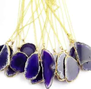 Purple Agate Slice Charm Necklace w Gold Tone Trim, Agate Rock, Healing Gemstone - Picture 1 of 2