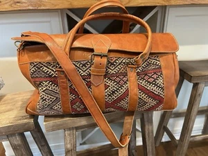 Kilim Travel Bag adventure Leather Boho Weekend Duffel vintage carpet Medium 19" - Picture 1 of 16