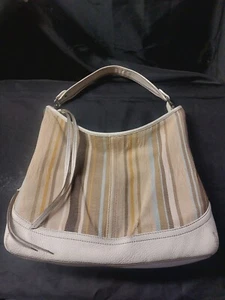 Vintage Eddie Bauer Leather & Neutral Earthtone Striped Canvas Hobo Boho Purse - Picture 1 of 10