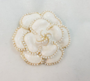 Large White Flower Brooch/Pin Gold Tone with Tiny Faux Pearls  1.75" x 1.75"
