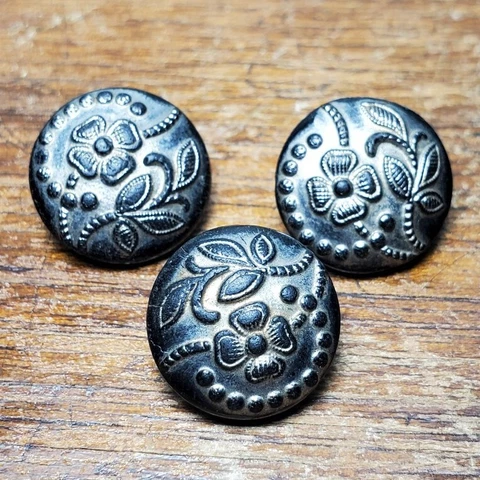 Set of 3 Vintage Ornate Floral Black/Silver Plastic Clothing Buttons 9/16" Cover