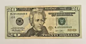 20 $ Schein 2013 mit ausgefallener Seriennummer MJ85088888B - Bild 1 von 8