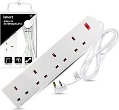 2M Extension Power Lead, 4 Outlet Charging Station, 2 Mtr Cord 2.1A 240 V White - Image 1 of 4