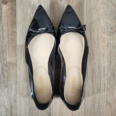 Prada Women's Size 38 US 7.5 Black Patent Leather Pointed Toe Ballet Flats Bow - Image 1 of 4