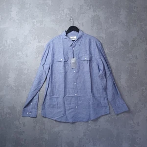 M&S Shirt Men's 2XL Blue Linen Blend Long Sleeve Casual Button-Up Lightweight - Picture 1 of 11