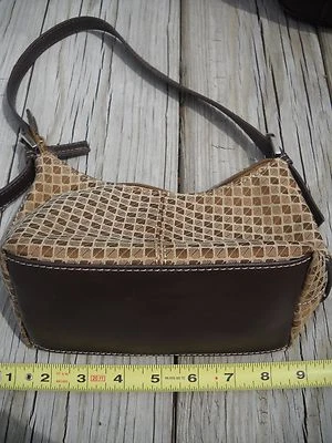 NINE & COMPANY purse clutch bag tan and brown checked w/ brown faux leather - Image 1 of 4