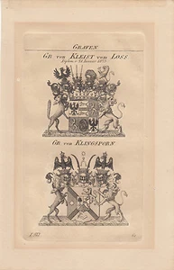Escudo de armas conde Kleist von Loss Klingsporn grabado en cobre alrededor de 1828 Prusia Oriental - Imagen 1 de 1