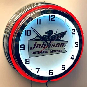 Señal de motor fueraborda Johnson 19" doble reloj de neón acabado rojo neón cromado - Imagen 1 de 2