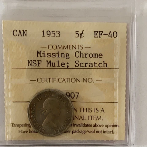 Canada 5 cent - 1953 NSF Mule Missing Chrome - ICCS - EF40 - Super Rare! Cover