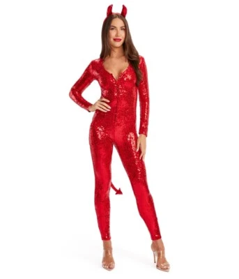 Sequined Devil Costume with front zip, attached tail, headpiece.  Adult XS, new. - Image 1 of 4