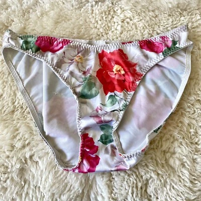Vintage FLORAL Shiny PANTIES Bikini Brief SATIN STRETCH Second Skin L/7 USA - Image 1 of 4