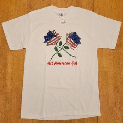 Camiseta Vintage Años 90 Mujer Mediana All American Gal USA Bandera y Rosas Blanca NUEVA Foto 1 de 4