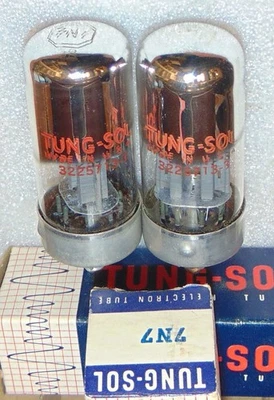 PERFECT NOS NIB MATCH PAIR TUNG-SOL 7N7 TALL BOTTLE TUBES COPPER LINED PLATES - image 1 of 3