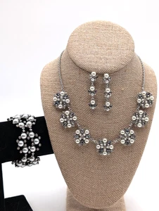 Charter Club 3 Piece Set Of Rhinestone & Faux Pearl Necklace, Earrings, Bracelet - Picture 1 of 24