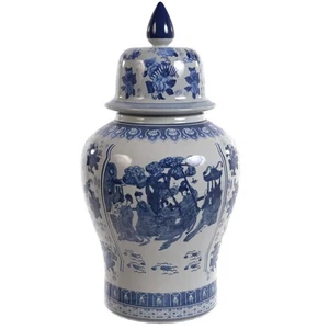 Muebles orientales 18 pulgadas Jarrón decorativo de porcelana en azul - Imagen 1 de 7
